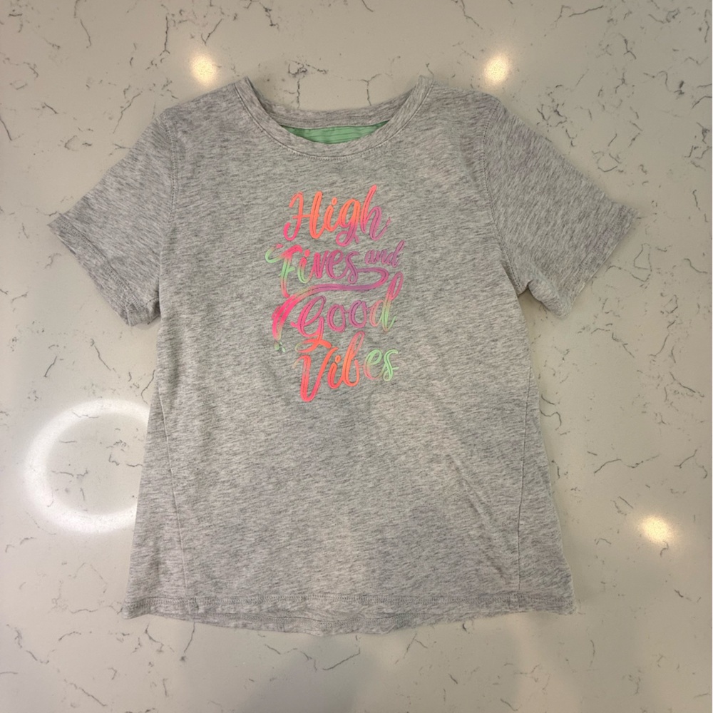 Gray and Pink Short Sleeve Tee with Graphic Design